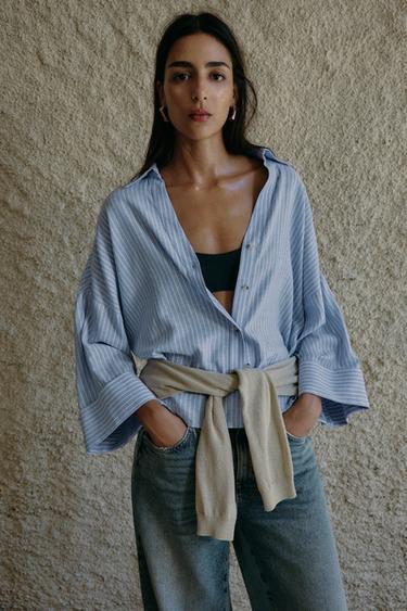 CAMISA MANGA ANCHA CON LINO - Rayas de Zara