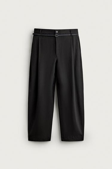 Zara PLEATED BELTED BALLOON PANTS - Black