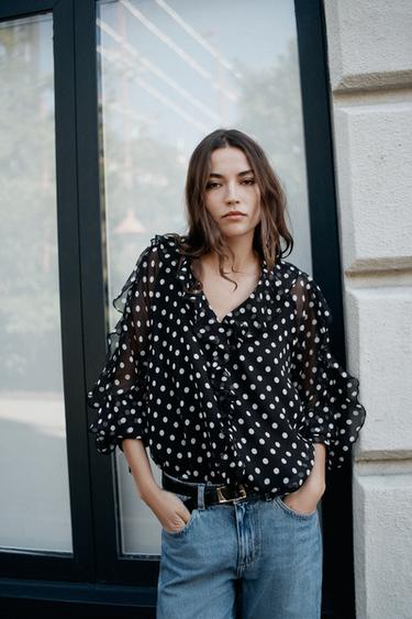 POLKA DOT RUFFLE BLOUSE — Black / Ecru 1