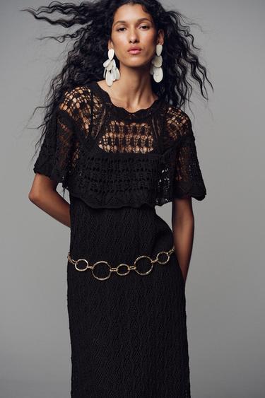 VESTIDO LARGO PUNTO POINTELLE VOLANTE - Negro de Zara