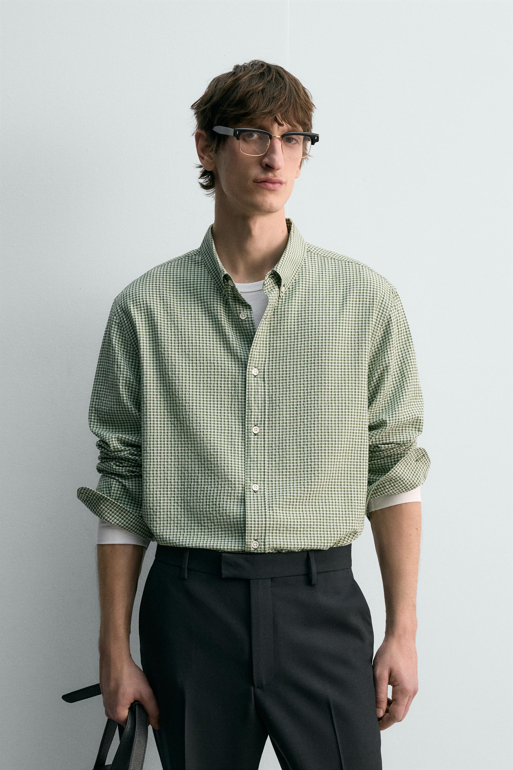チェック柄テクスチャーシャツ - グリーン | ZARA Japan / 日本