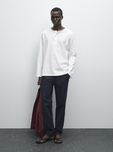 Zara Cotton and linen blend tapered fit trousers - Navy blue
