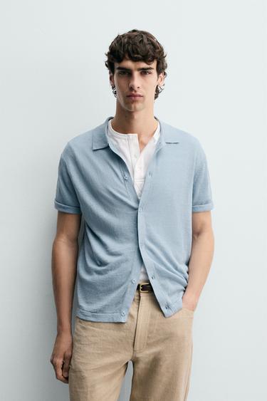 Zara 100% LINEN KNIT SHIRT - Sky blue