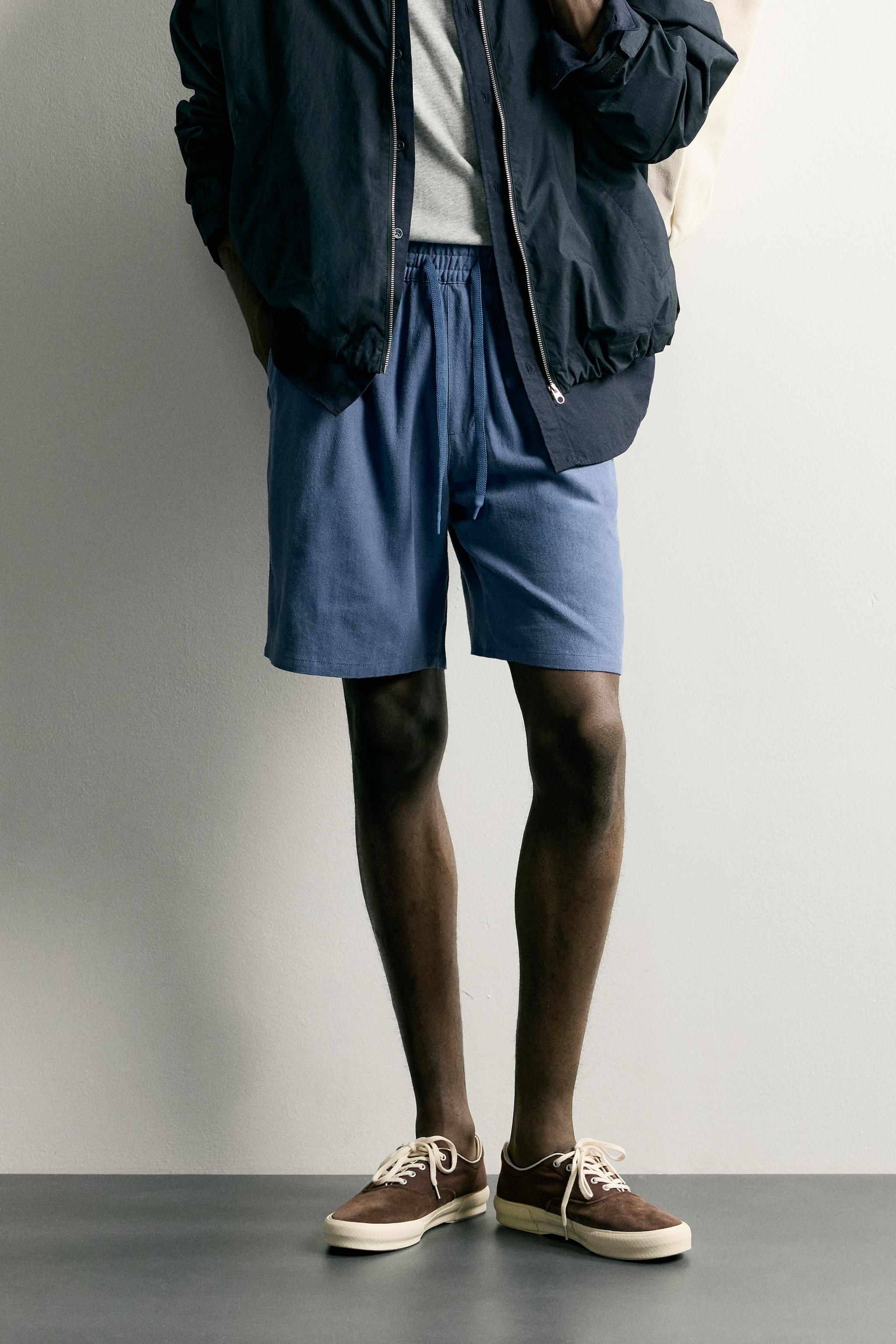 VISCOSE LINEN BLEND RELAXED FIT SHORTS — Light blue