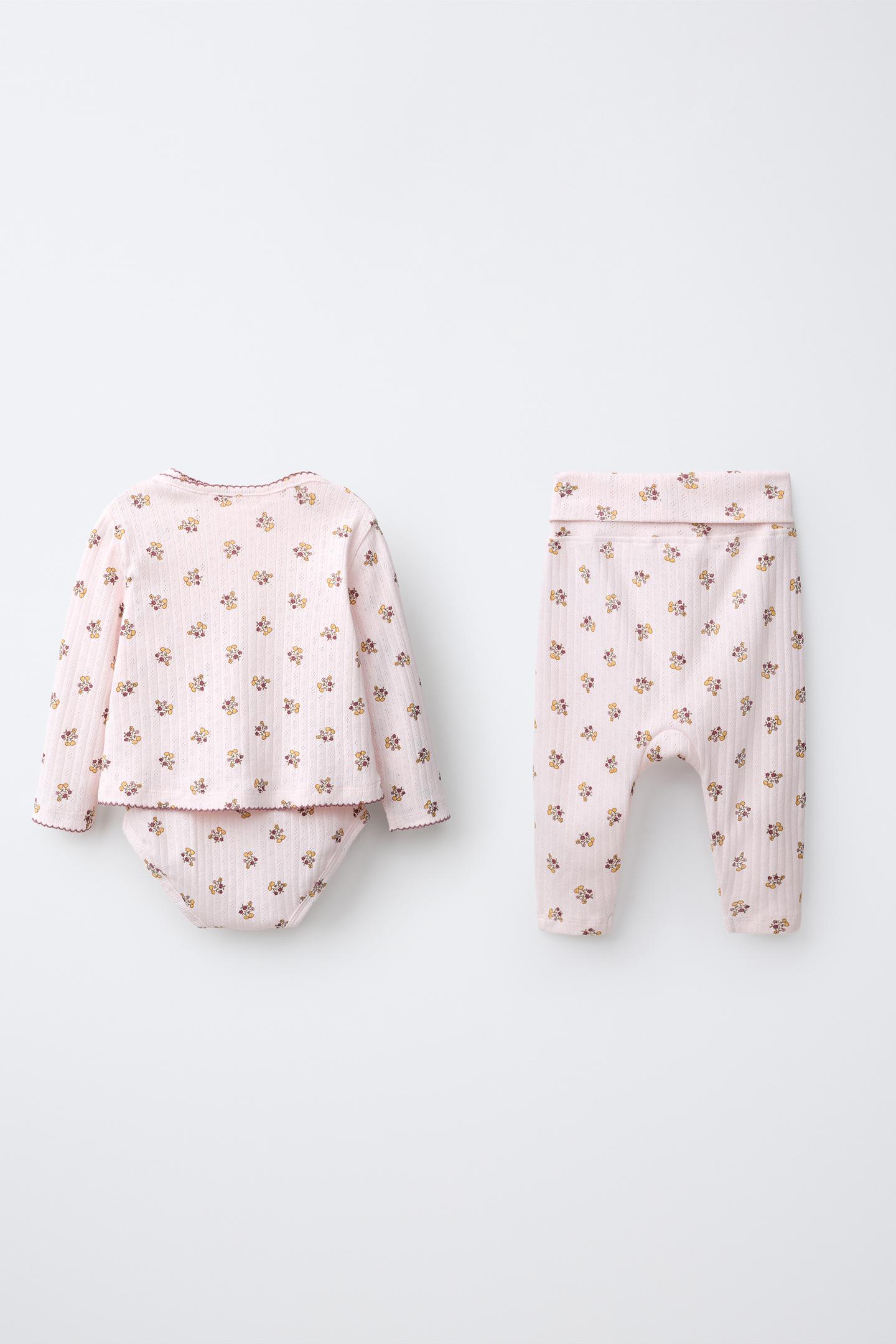 Детский комплект Zara Floral Print Cardigan Bodysuit and Legging Set, цвет: Розовый — фото 2