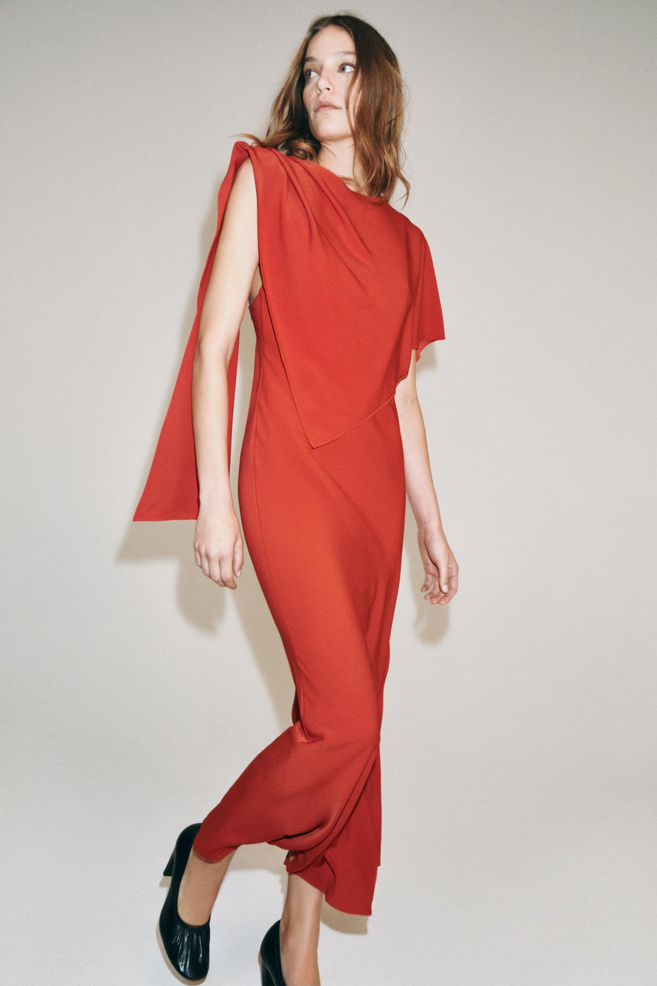 LONG GEORGETTE CAPE DRESS — Red