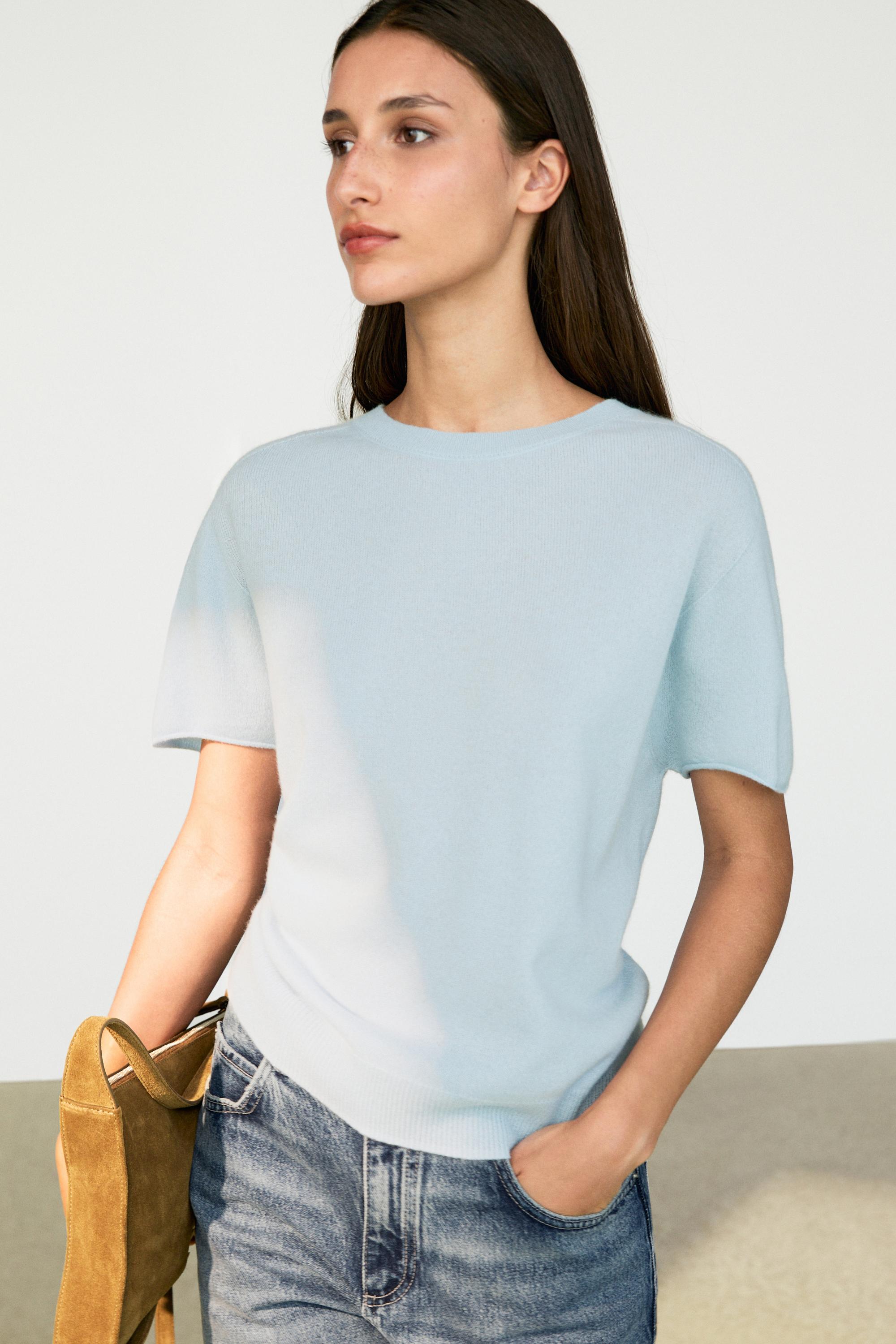 100% cashmere short sleeve knit sweater — Sky blue