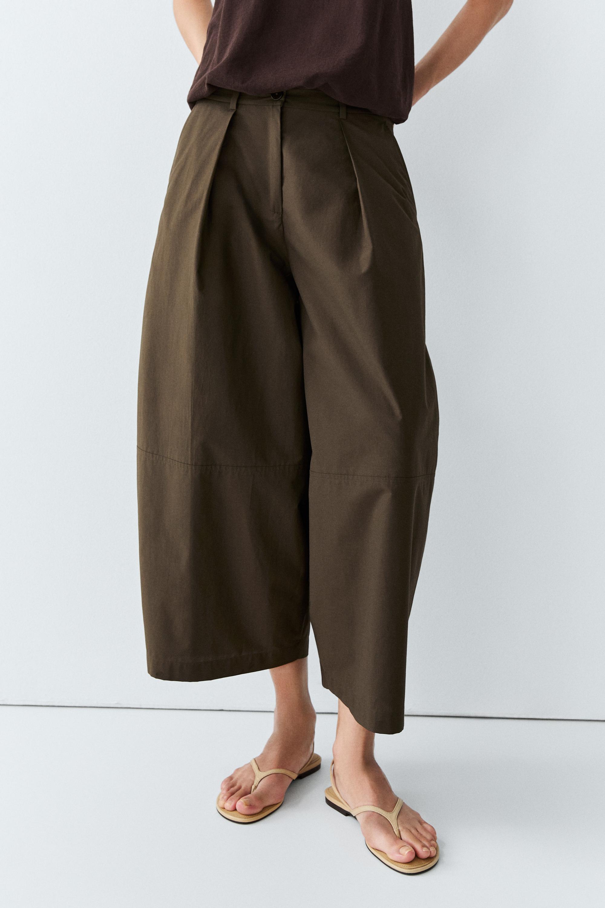 Cotton blend poplin wide-leg pants — Khaki