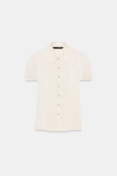 Zara SHORT SLEEVE SATIN EFFECT SHIRT - Oyster-white