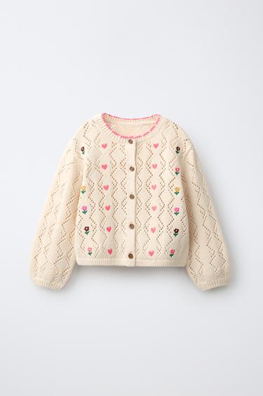 CUTWORK KNIT CARDIGAN WITH EMBROIDERED HEARTS - Ecru by Zara
