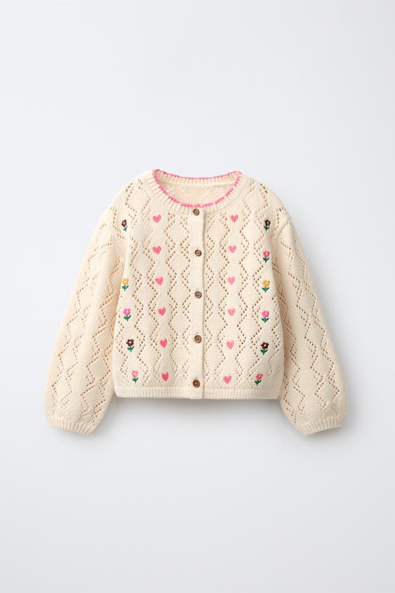 CUTWORK KNIT CARDIGAN WITH EMBROIDERED HEARTS - Ecru by Zara - Image 0