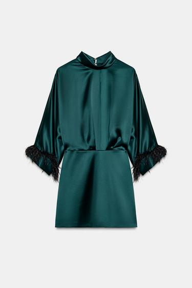 SHORT SATIN FEATHER DRESS - Dark green by Zara