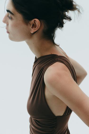 BODY DRAPÉ ASYMÉTRIQUE EN TULLE - Marron foncé de Zara - Image 4