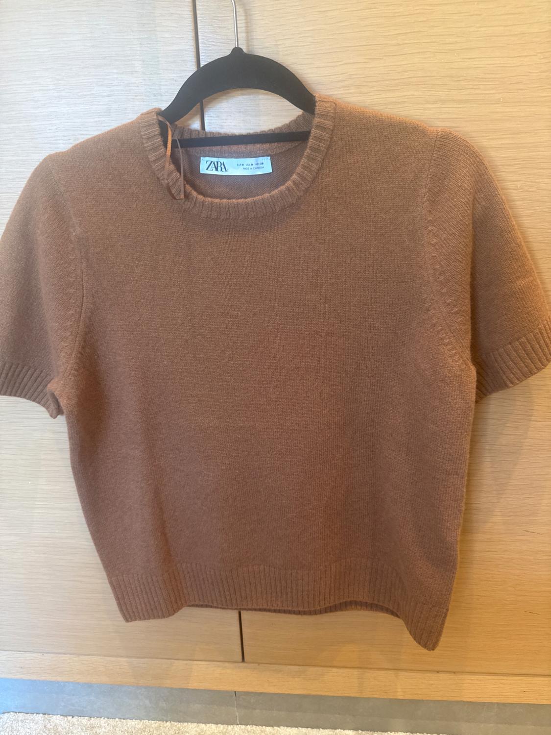 Brown short-sleeved jumper hanging on a black hanger, against a light wood background. Visible label: "Zara".