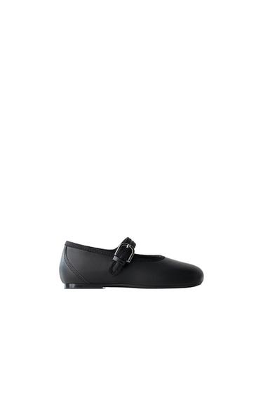 LEATHER BUCKLE BALLET FLATS — Black 1