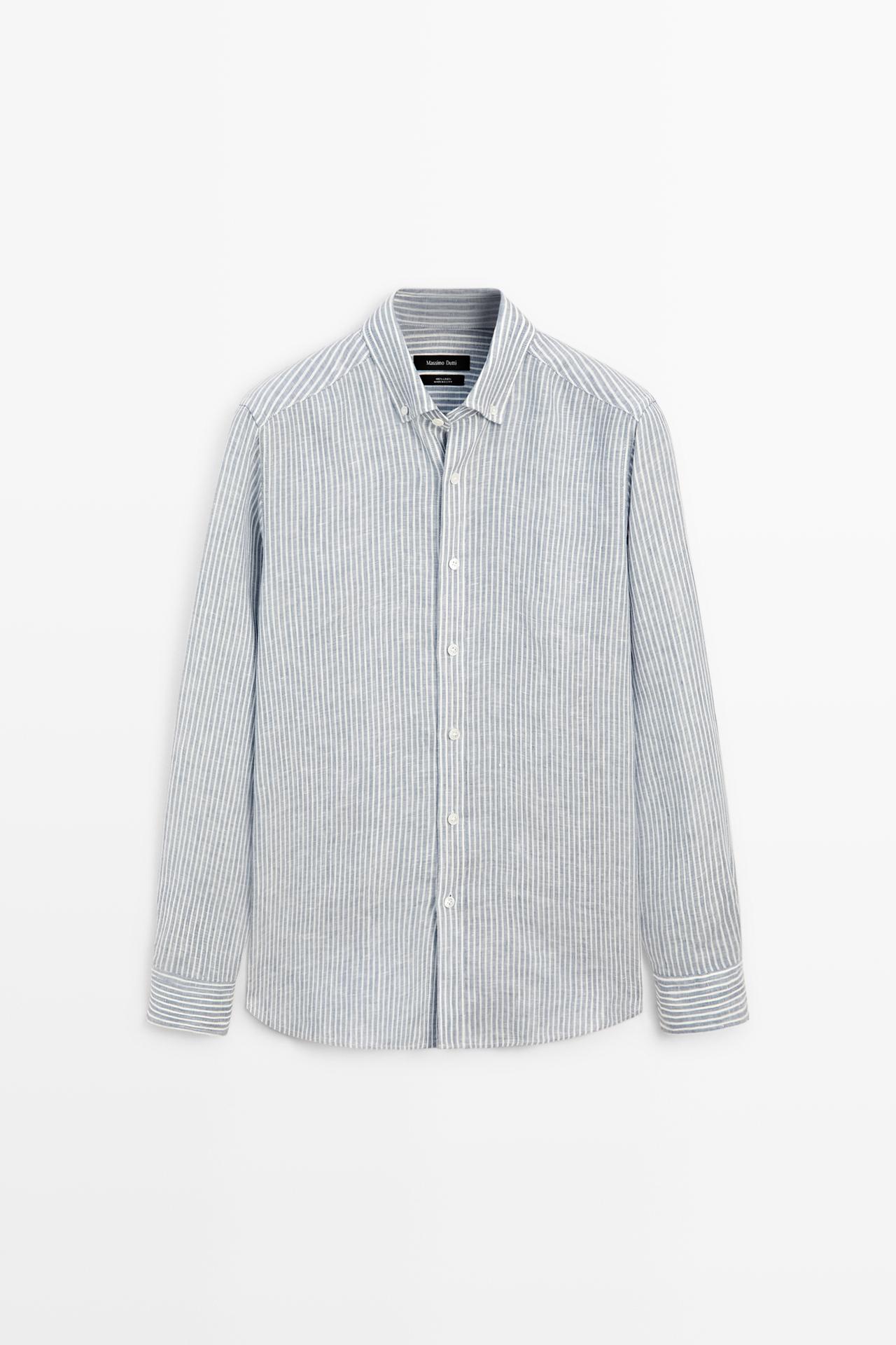 100% linen regular fit striped shirt — Sky blue