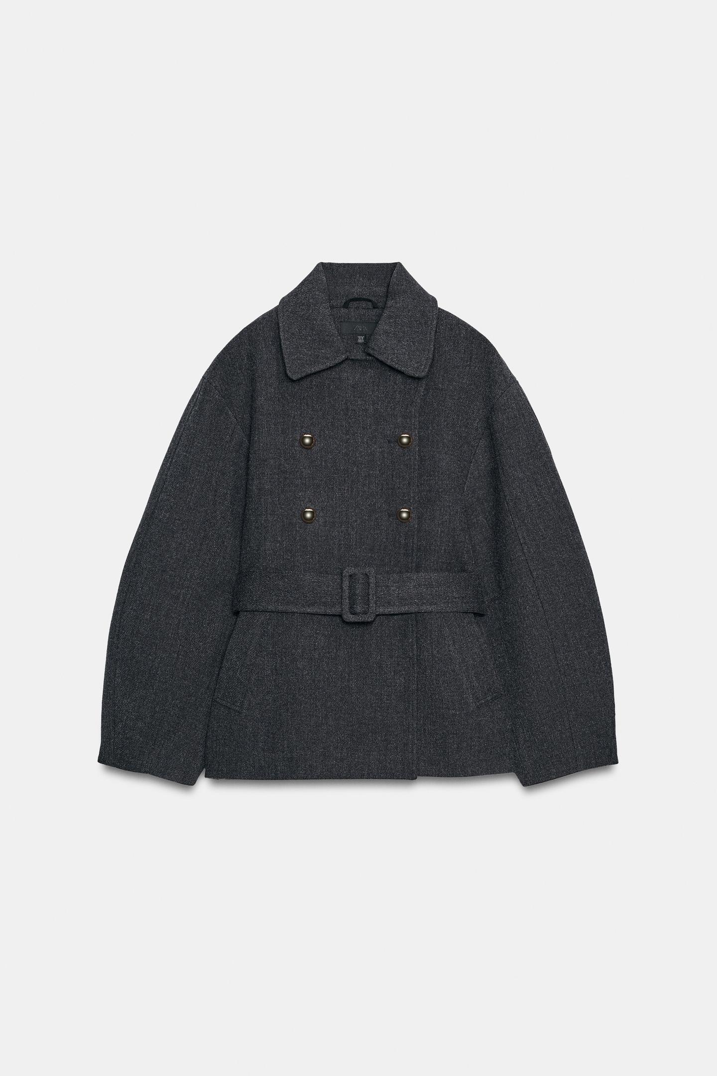 Женское пальто Zara Soft Belted Cropped Coat, цвет: Серый — фото 10