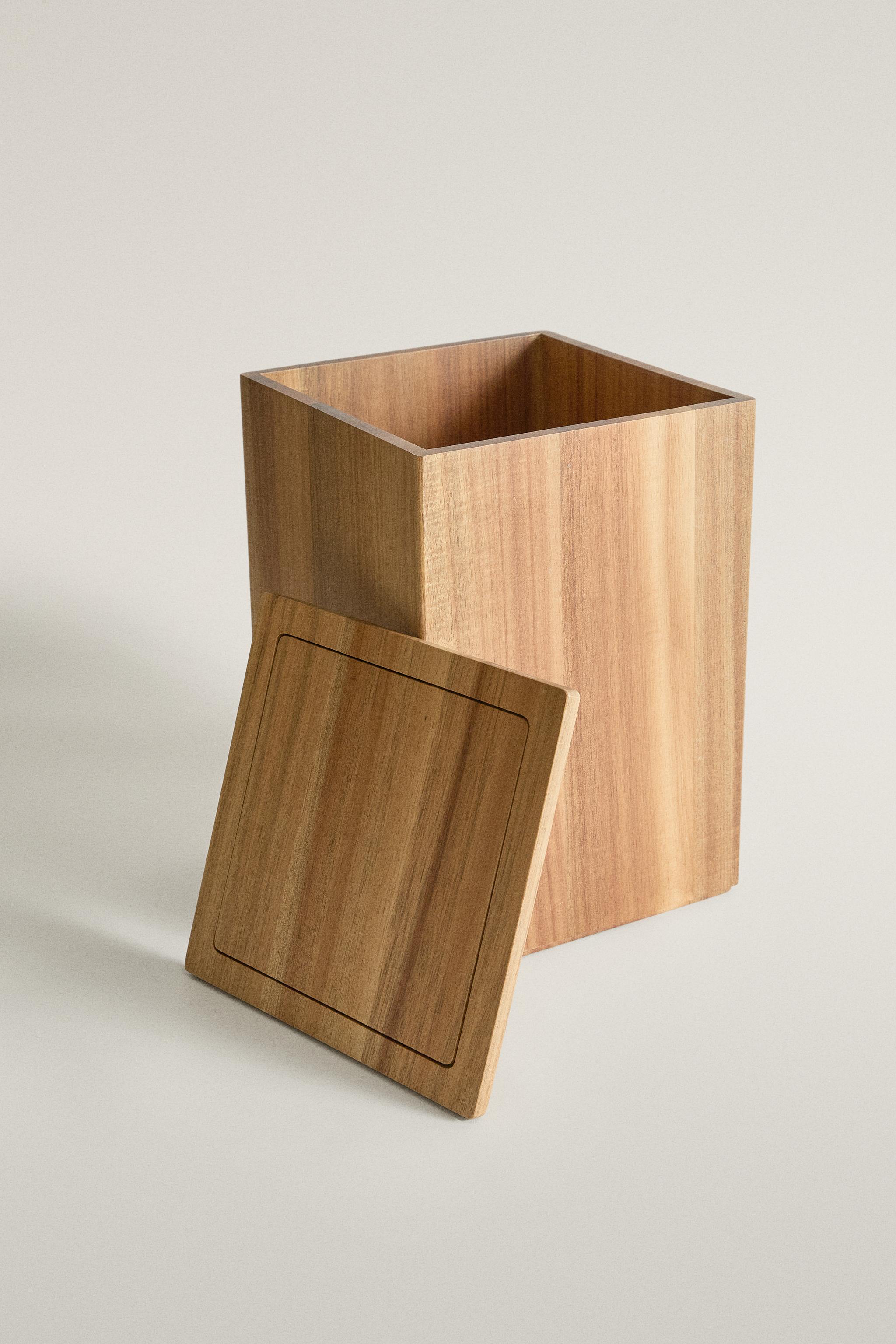 LARGE SQUARE WOODEN BATHROOM TRASH CAN