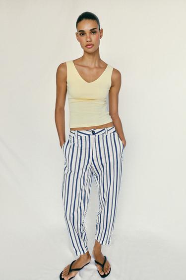 PANTALÓN CHINO RAYAS - Crudo / Marino de Zara