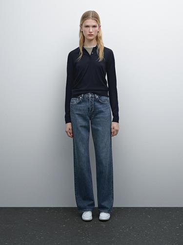 Zara 100% wool polo collar sweater with buttons - Navy blue - Image 0