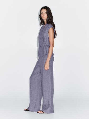 Zara 100% linen high-waist trousers - Blue - Image 0