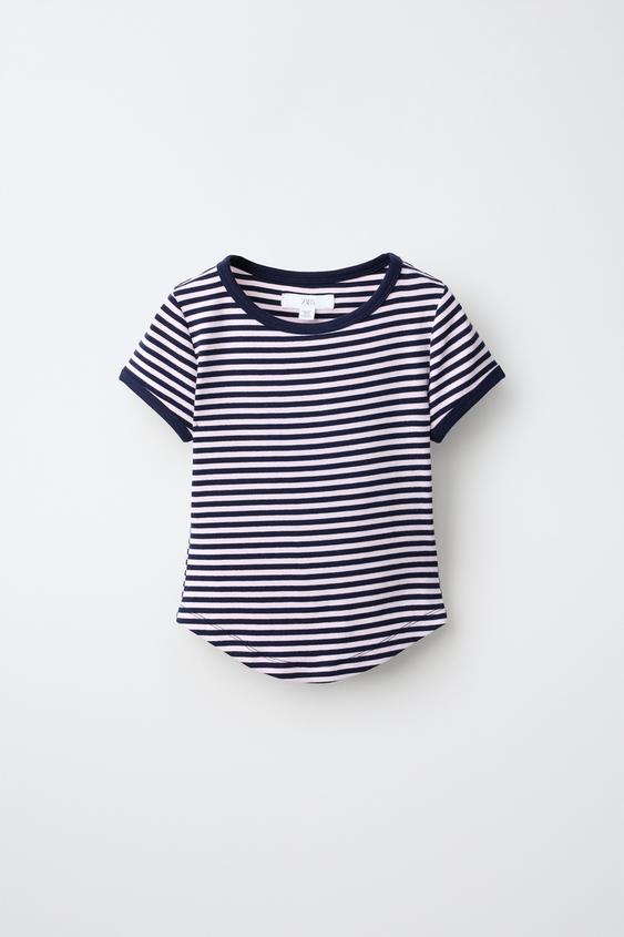 STRIPED MODAL BLEND AND COTTON T-SHIRT - Navy blue by Zara - Image 0
