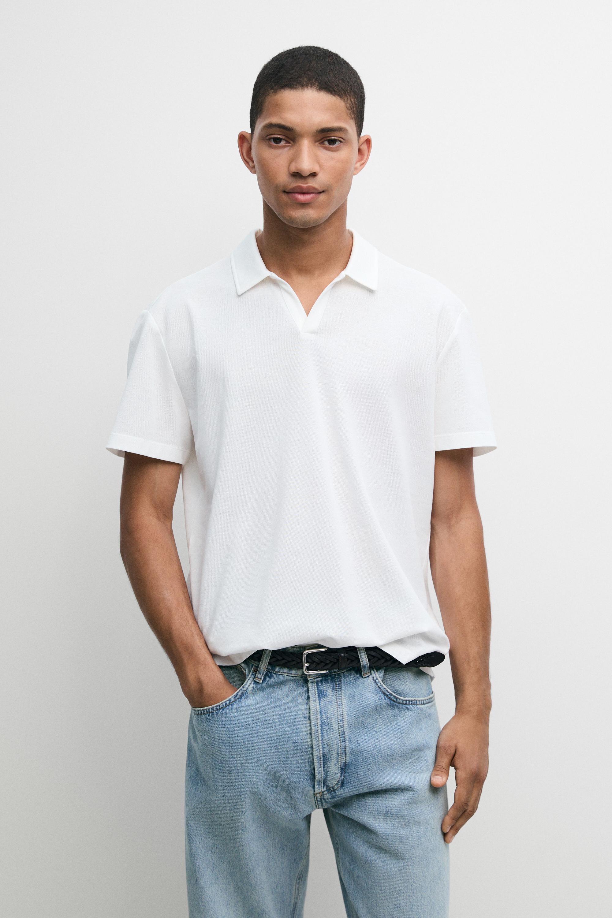 Micro-textured V-neck piqué polo shirt — White