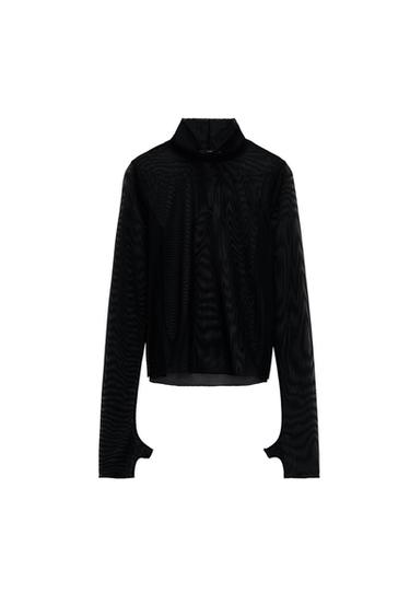 Black long-sleeved, high-neck blouse, made from sheer fabric with a sleek and modern design.