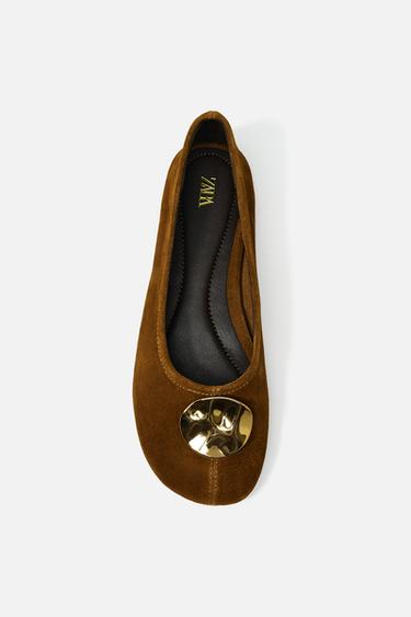 SPLIT SUEDE BALLERINAS - Brown by Zara