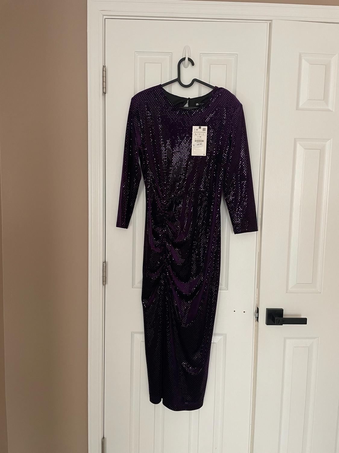 Shiny purple dress with long sleeves hanging on a white door. Tag visible on the left side of the dress.