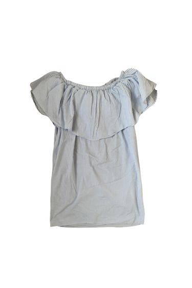Front view of a blue blouse with ruffles and fine stripes.