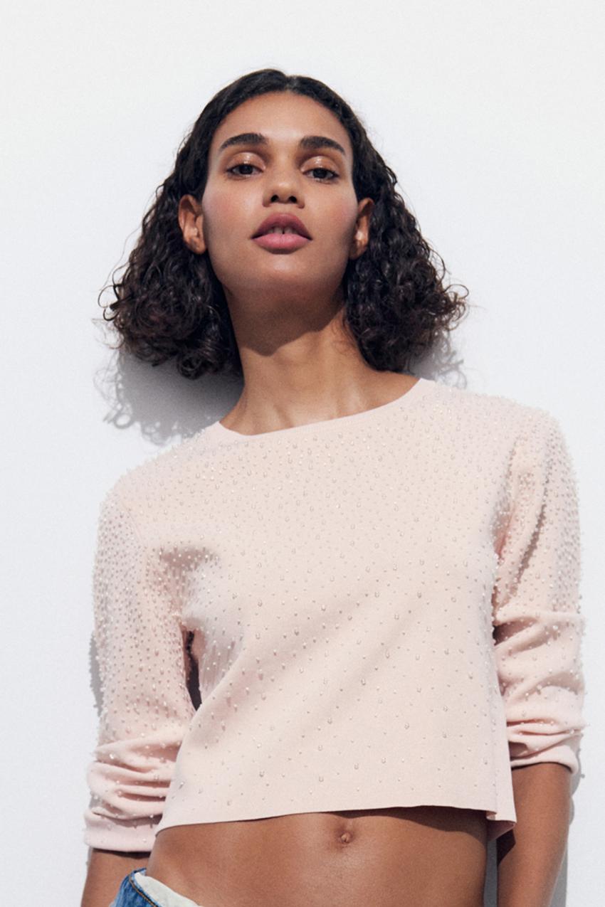 BEADED KNIT TOP - Pastel pink