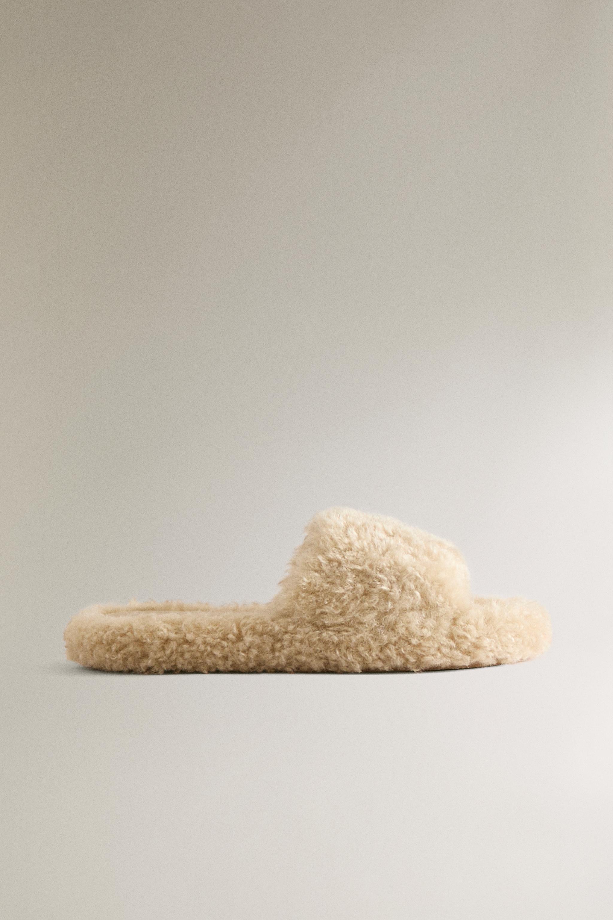FAUX SHEARLING FLATFORM SLIDES — Taupe Gray