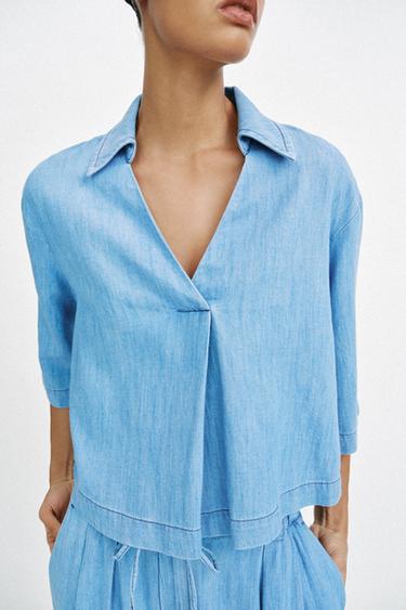 FLOWING V-NECK BLOUSE - Blue by Zara