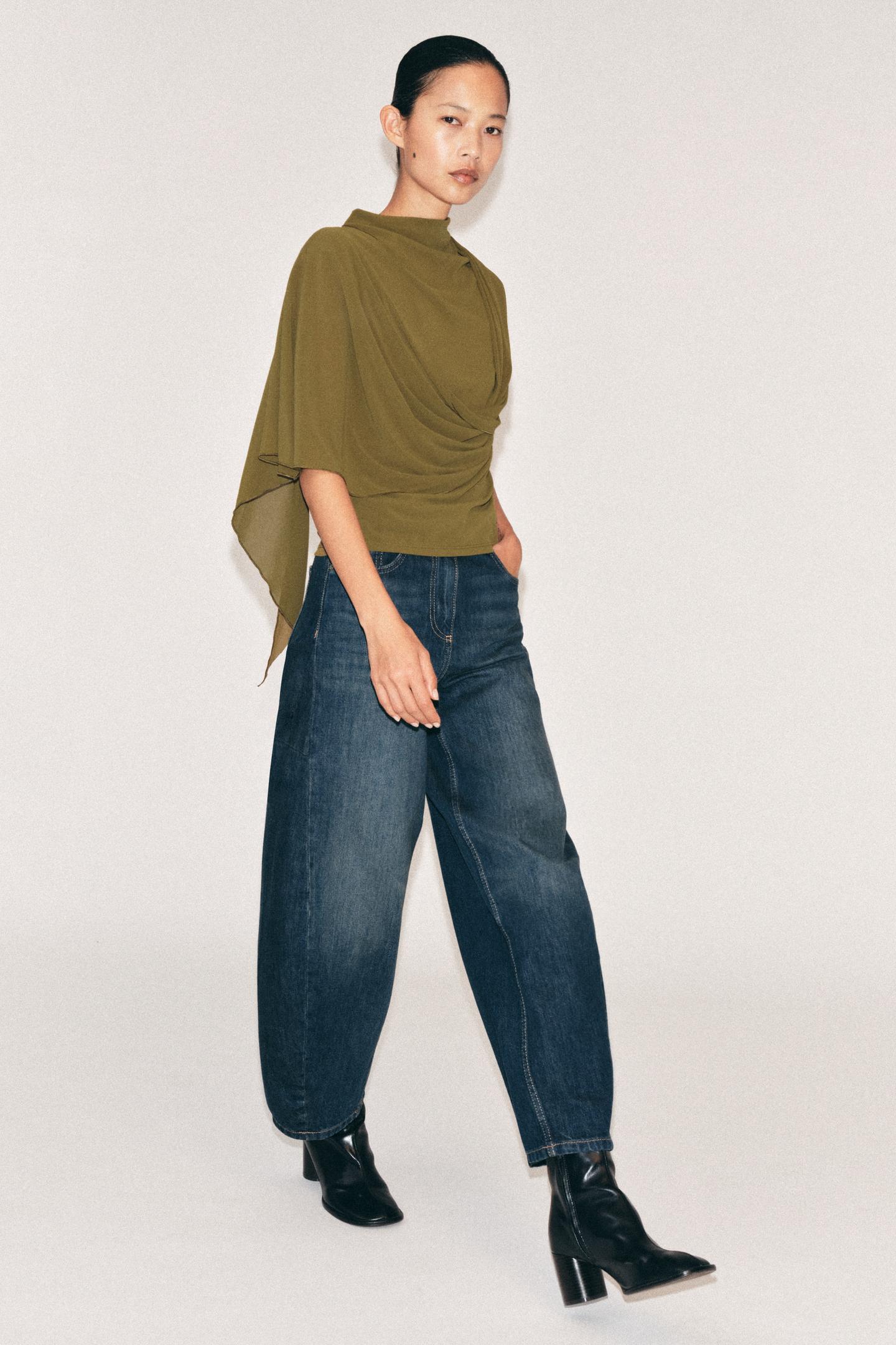 Женский топ Zara Draped Asymmetric Top, цвет: Оливковый зелёный — фото 1