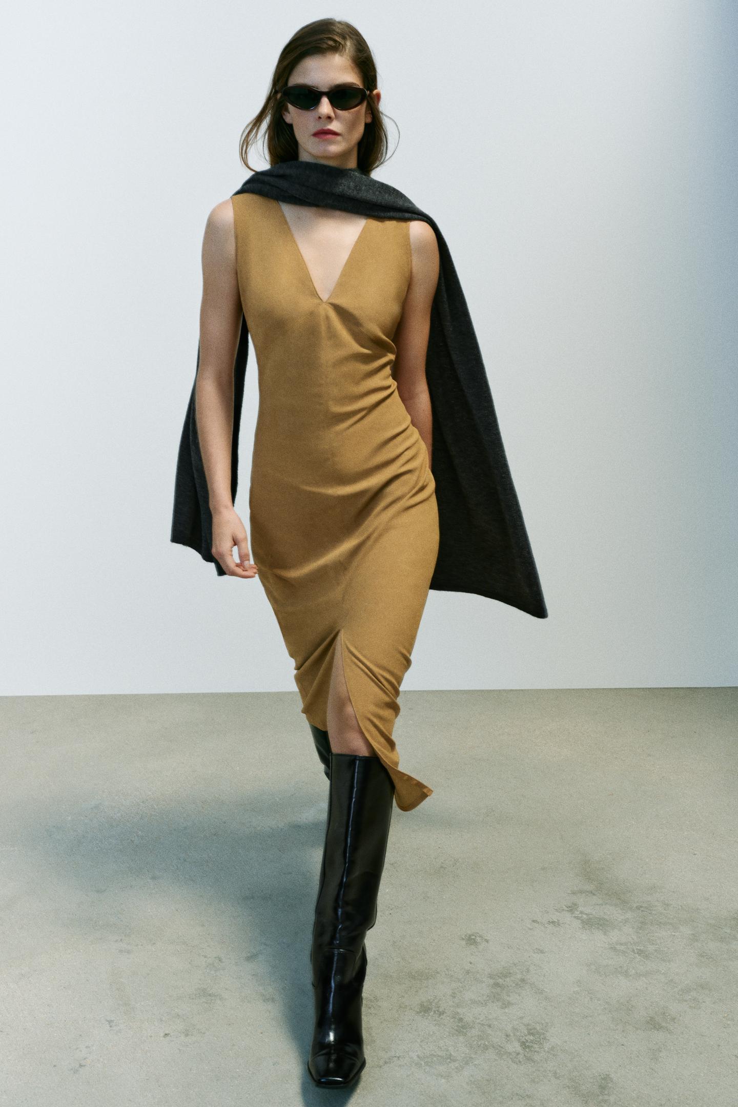 Женское платье Zara MIDI Suede Effect, цвет: Верблюжий — фото 5