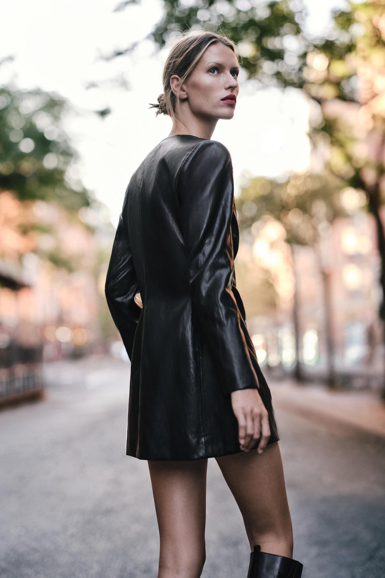 FAUX LEATHER DRESS WITH GOLD-TONE DETAIL — Black