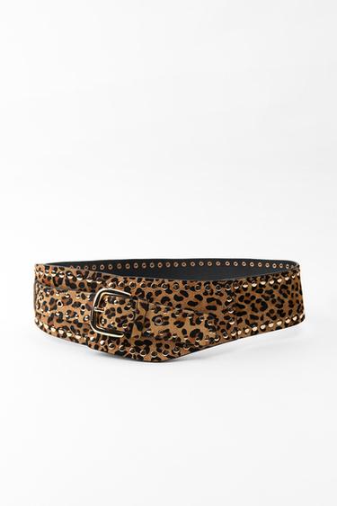 CINTO CORPETE EM COURO COM TACHAS E ESTAMPA ANIMAL PRINT - Leopardo da Zara