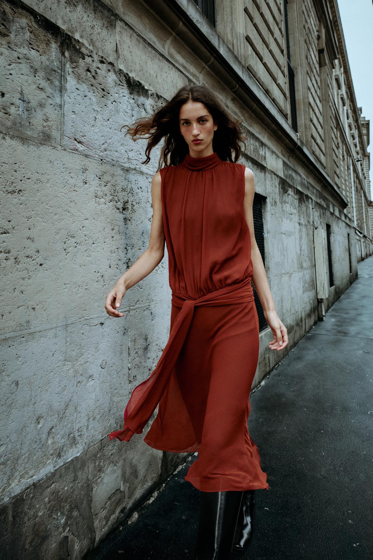 KNOTTED MIDI DRESS — Brick