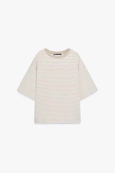 Zara OVERSIZED SLIT T-SHIRT - Brown / White