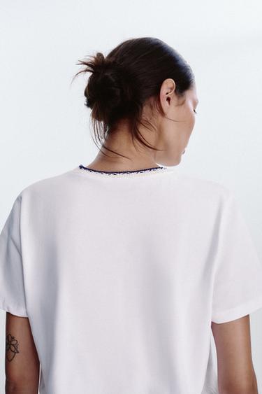 CHUNKY KNIT COLLAR SLOGAN T-SHIRT - Blue/White by Zara - Image 3
