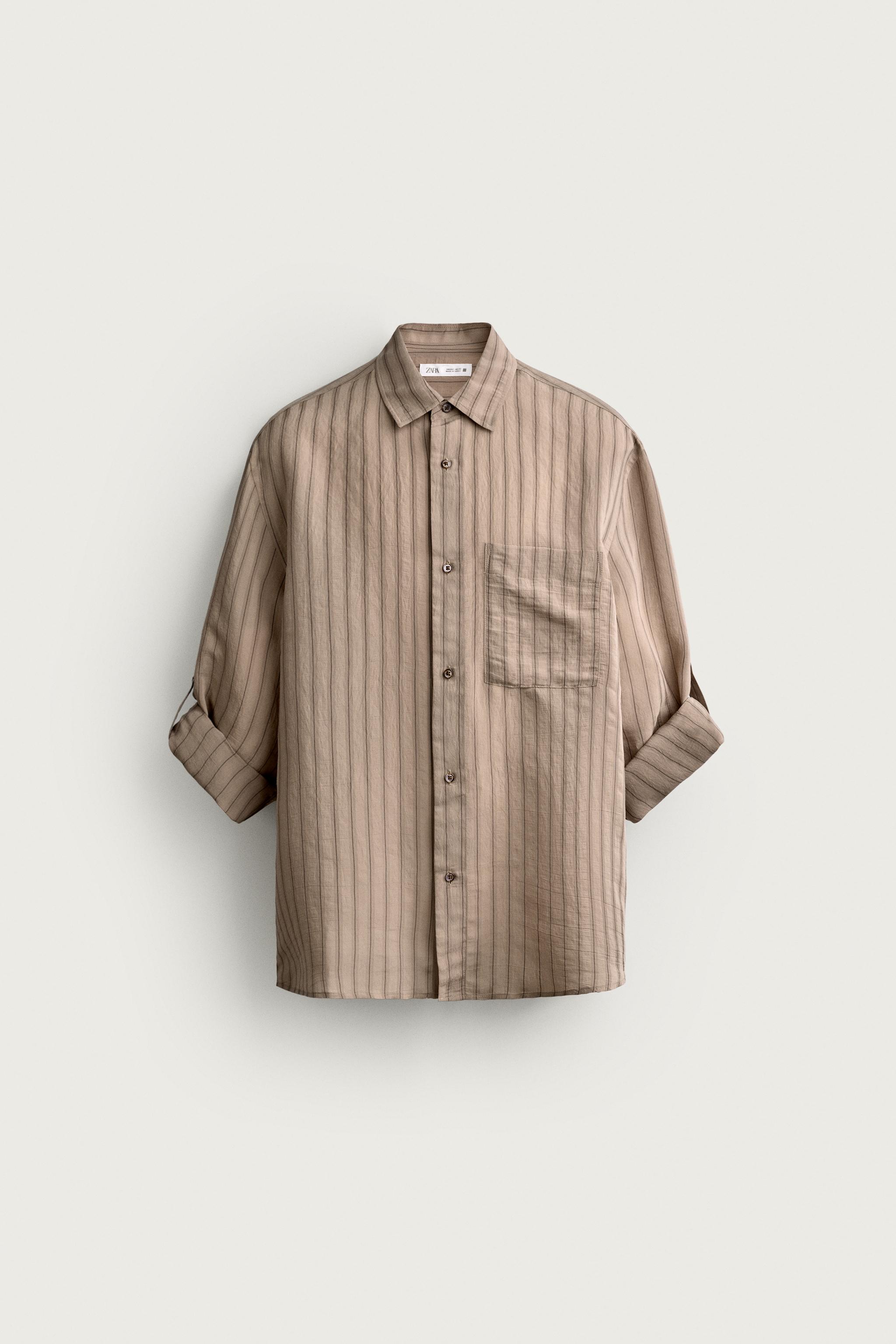 STRIPED SHIRT WITH TAB SLEEVES — Beige-pink