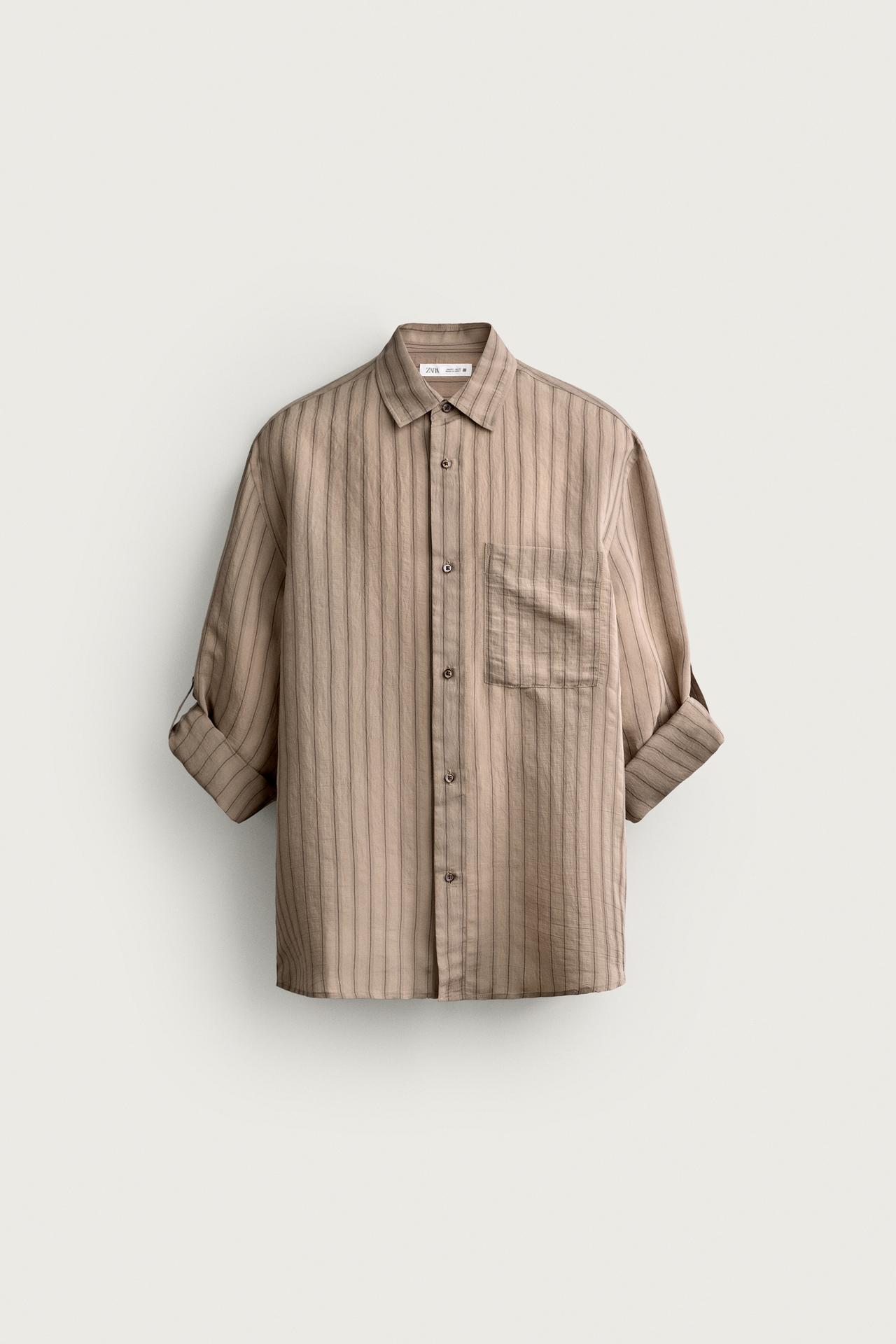 STRIPED SHIRT WITH TAB SLEEVES — Beige-pink