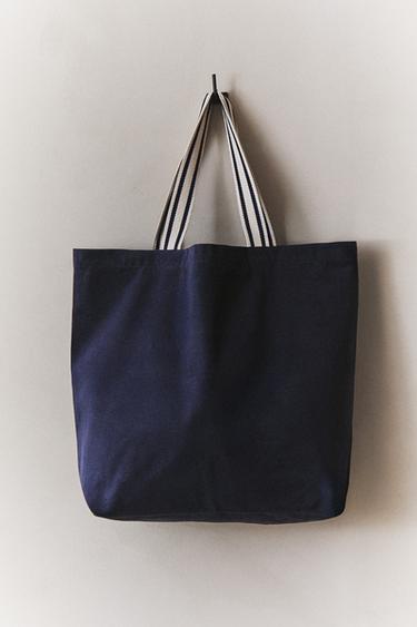 Zara REVERSIBLE FABRIC STRIPED SHOPPER BAG - Navy Blue
