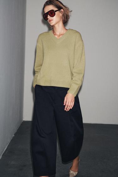100% WOOL V-NECK JUMPER - Olive Green by Zara