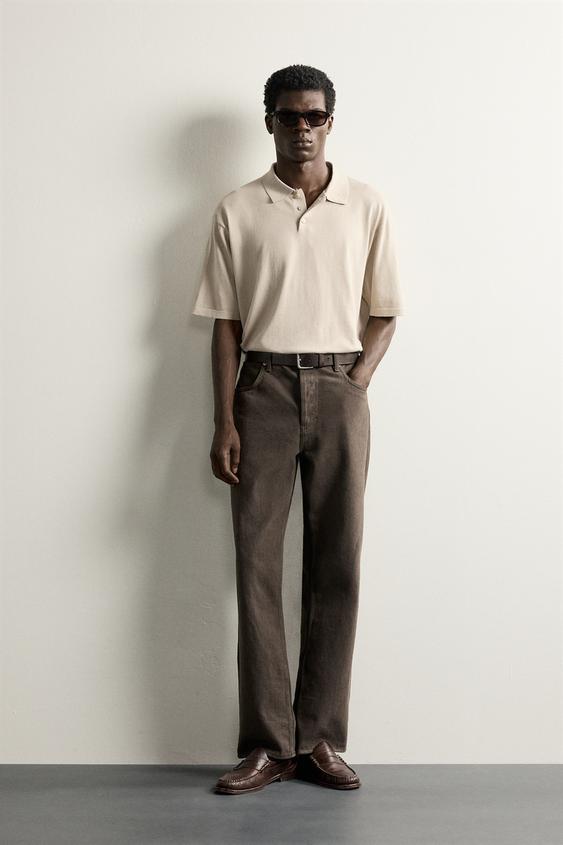 REGULAR FIT COTTON BLEND KNIT POLO SHIRT - camel by Zara - Image 0