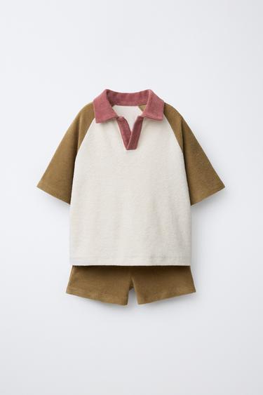 COLOURBLOCK TERRY POLO AND BERMUDA SHORTS SET - Olive green by Zara