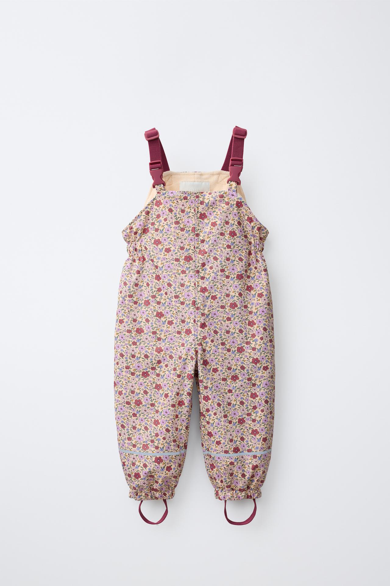WATER-RESISTANT PRINTED FLEECE-LINED OVERALLS — Dark pink