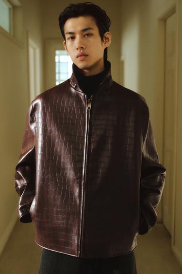 Zara 壓紋人造皮革短版夾克 - 棕色