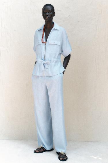 QUẦN ỐNG RỘNG VẢI LINEN - Màu xanh nhạt từ Zara